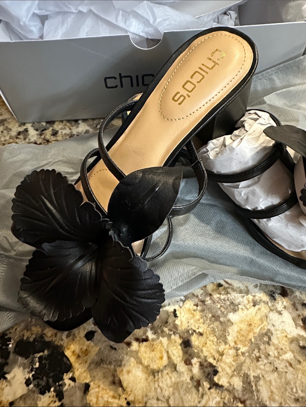 Chico's Black Leather Floral Slide Heels